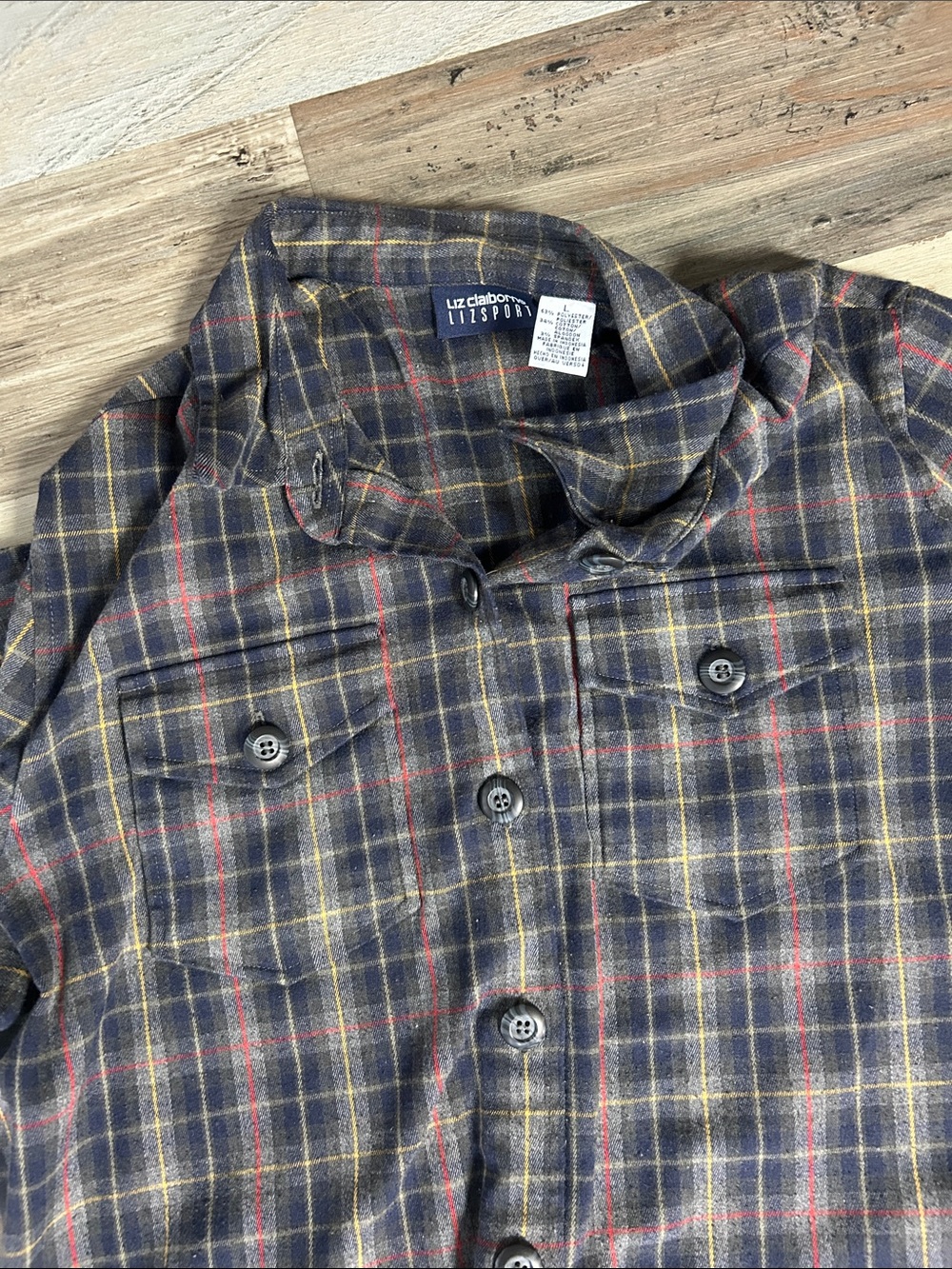 Liz Claiborne Plaid Button-Down Shirt - Navy, Brown Sz L Casual Cotton TC0465 - Picture 5 of 10